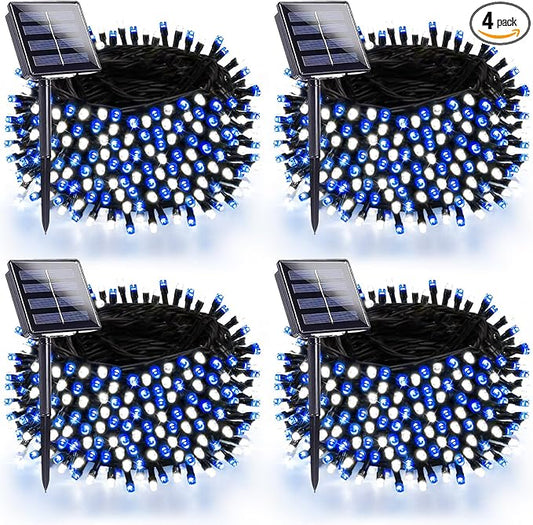 4 Pack 180FT Solar Christmas Lights Outdoor Waterproof, Super Bright 320 LED Solar String Lights with 8 Lighting Modes, Green Wire Twinkle Tree Light for Outside Xmas Party Decorations(Blue and White)