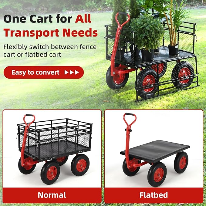 1400 LBS Steel Garden Yard Cart, Heavy-Duty Metal Garden Wagon Convertible 2-in-1 Handle and Removable Sides to Convert into Flatbed Lawn and Utility Wagons Cart