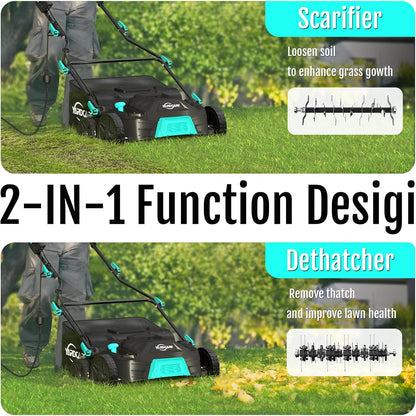 16‑Inch 15Amp 2‑in‑1 Electric Dethatcher & Scarifier with 5‑Position Depth Adjustment, 12 Gallon Removable Grass Collection Bag, Foldable Design, Lawn Thatcher for Yard Lawn Garden Care