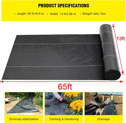 Doniks 13x65ft Driveway Fabric,5OZ Commercial Heavy Duty Weed Barrier Fabric, Garden Landscape Fabric,French Drain Fabric for Erosion Control,Landscape Fabric,Weed Barrier,Construction Projects
