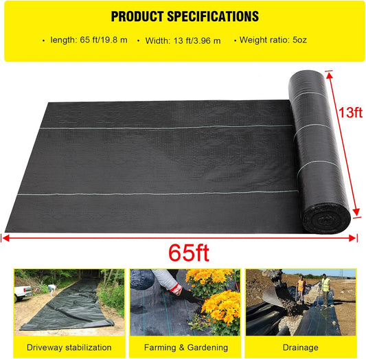 Doniks 13x65ft Driveway Fabric,5OZ Commercial Heavy Duty Weed Barrier Fabric, Garden Landscape Fabric,French Drain Fabric for Erosion Control,Landscape Fabric,Weed Barrier,Construction Projects