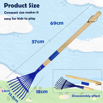 Kids Leaf Rake-Small Wooden Handle Leaf Rake with Metal Tines, 27inches /69cm Length, for Kids Enjoy Garden Cleaning Activities (Blue)
