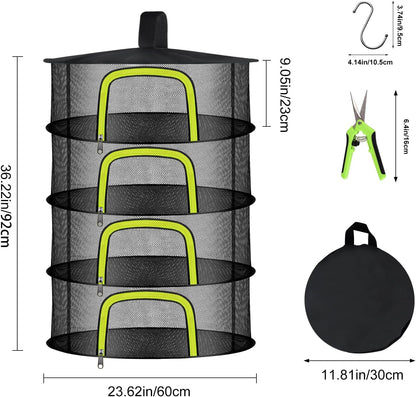 4 Layer Herb Drying Rack, Hanging Mesh Net, Foldable Plant Drying Rack With U-Shaped Zipper, Garden Trimming Shears and Hooks, For Drying Herbs Plants, Fruits, Seafood, Clothing(4 Layers-23.62'')
