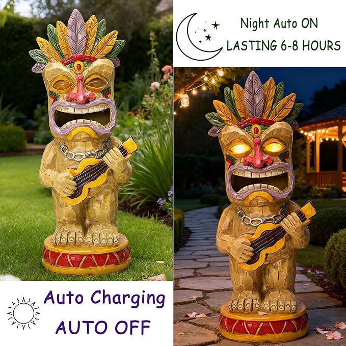Solar Tiki Garden Statue with LED Eyes Outdoor Resin Ukulele Player Yard Decor Solar Light Hawaiian Style Lawn Ornament for Patio Porch Lawn Tiki Bar or Tiki Lover Funny Gifts Stocking Stuffers