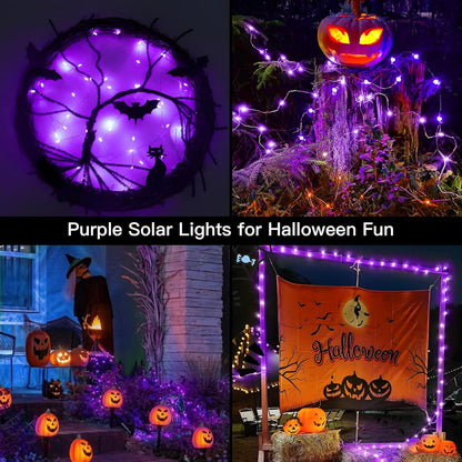 suddus Halloween String Lights Solar Powered, 2 Pack Total 66ft 200 LED Purple Solar Light Outdoor Waterproof, 8 Modes Purple Halloween Lights for Porch Tree Garden Patio Yard Party Decorations
