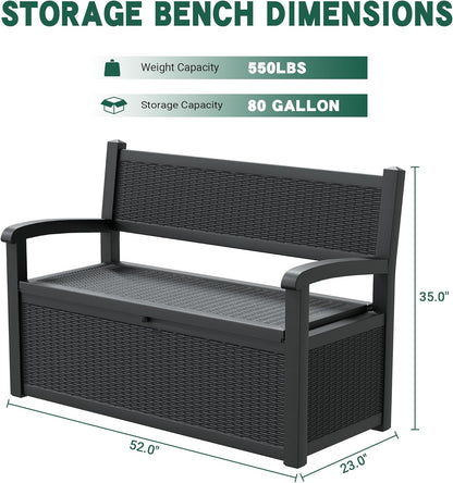 80 Gallon Outdoor Storage Box, Resin Patio Furniture with Armrest, Lockable Deck Box with Waterproof and UV Resistant for Patio Cushions, Garden Tools and Pool Supplies, Black