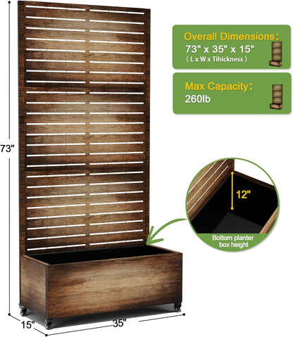 FENCY Metal Raised Garden Bed with Wheels and Trellis,73"x35"x16" Planter Box for Climbing Plants, Vegetables & Vines, Features Privacy Screen and Drainage Holes (Vintage Wood Color)