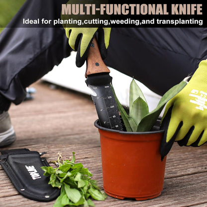 TOPLINE Hori Hori Garden Knife with Oxford Sheath, 7" Stainless Steel Blade with Cutting Edge, Full Tang Walnut Handle with Hanging Hole, Multifunctional Garden Tools for Weeding, Planting, Cutting