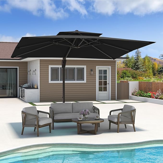 10x13 FT Cantilever Patio Umbrella with Base Included Double Top Outdoor Rectangular Large Heavy Duty Aluminum Offset Umbrellas with 7 Level Tilt 360-degree Rotation for Pool Garden Deck, Black