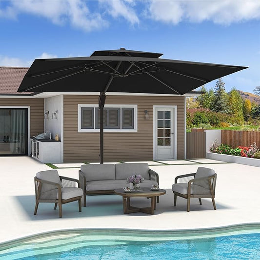 10x13 FT Cantilever Patio Umbrella Double Top Outdoor Rectangular Large Heavy Duty Aluminum Offset Umbrellas with 7 Level Tilt 360-degree Rotation for Pool Garden Deck, Black