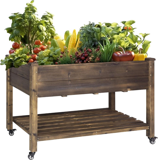 MUPATER 4x2FT Raised Garden Bed, Planter Box with Four Wheels and Legs for Herbs and Vegetables, Elevated Garden Bed with Drainage Holes for Outdoor Indoor, Rustic