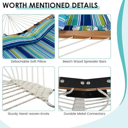 Tangkula 10.5FT Double Hammock, Heavy Duty Outdoor Hammock with Curved Spreader Bars, Detachable Pillow, 2 Person Hammocks for Outside, Porch, Patio (Stand is not Included) (Blue+Green)