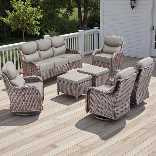 Wicker Outdoor Patio Furniture Set - 7 Piece Patio Conversation Sets with Swivel Rocker Chairs, Ottomans and Sofa, 6 inch Cushions, Waterproof Wicker, for Porch Deck Brown/Beige