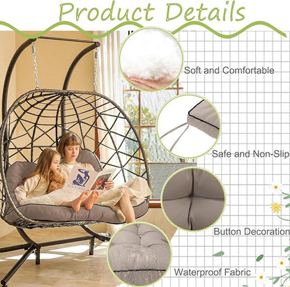 Swing Replacement Cushions with Backrest, 2 or 3 Seater Waterproof Non-Slip Overstuffed Swing Pad, Indoor/Outdoor Bench Cushion for Porch Chair Swings Garden Furniture (Khaki, 40 * 55 in)