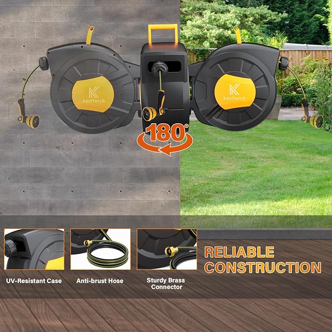 Retractable Hose Reel, 1/2 Inch x 98 FT Compact Water Hose Reel Wall Mounted Garden Hose Reel with 10 Pattern Nozzles, Any Length Lock, Slow Rewind Storage, 180°Swivel Bracket