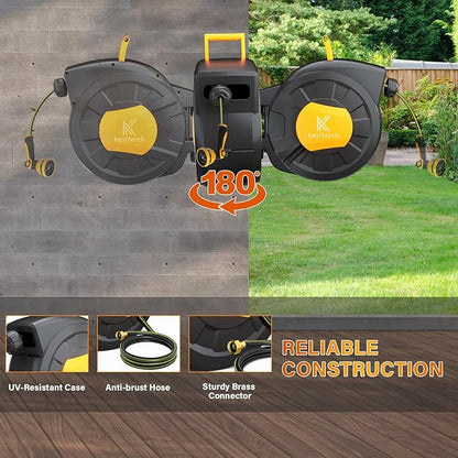 Retractable Hose Reel, 1/2 Inch x 98 FT Compact Water Hose Reel Wall Mounted Garden Hose Reel with 10 Pattern Nozzles, Any Length Lock, Slow Rewind Storage, 180°Swivel Bracket