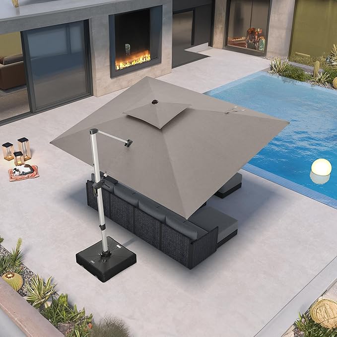 PURPLE LEAF 9' X 12' Cantilever Outdoor Patio Umbrella Large Heavy Duty 360° Rotation Double Top Offset Rectangular Umbrellas for Backyard Deck Pool, Cast Ash