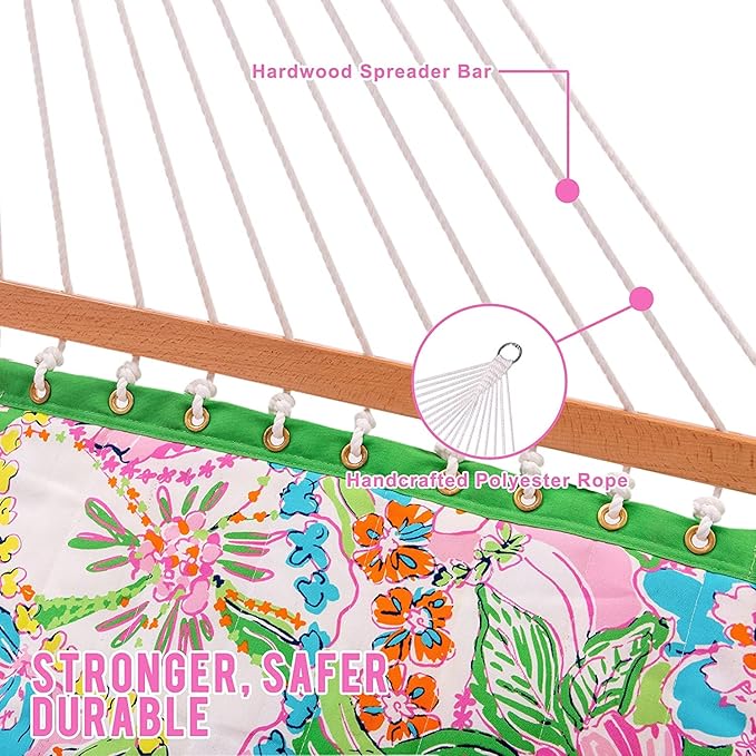 Lazy Daze Hammocks 12 FT Double Layered Quilted Fabric Hammock Swing with Pillow and Carrying Bag, Elegant Tassels and Spread Bar Heavy Duty Stylish for Two Person 450lbs, Floral