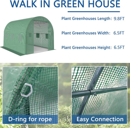 9.8*6.5*6.5FT Heavy Duty Greenhouse for Outdoors, Large Walk-in Green House with High Tunnel PE Cover & Irrigation Garden Sprinkler System for Winter, Green