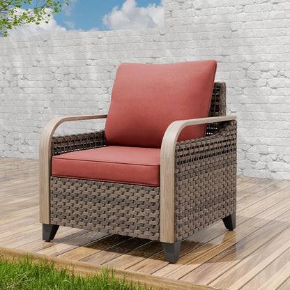 EAGLE PEAK Modern Wicker Outdoor Chair, Patio Chair Curved Armrest, Rattan Patio Furniture for Yard Deck Porch Garden, 1 Chair, Brown/Red