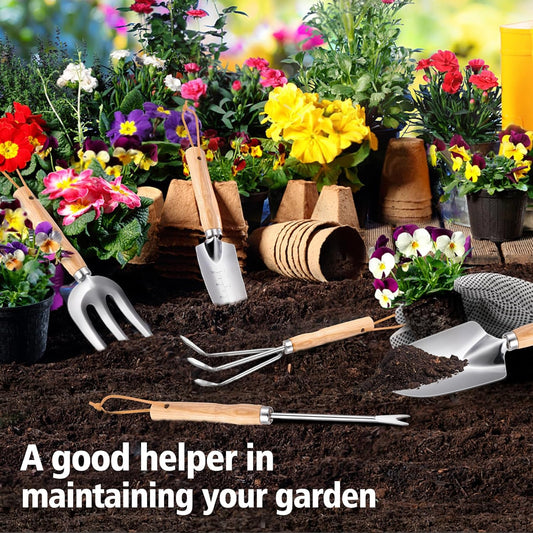 Garden Tools 5-Pieces, Heavy Duty Gardening Hand Tools with Wooden Handle, Canvas Gloves, Stainless Steel Material, Rust-Proof Garden Tool Set, Ideal Gardening Gifts for Women