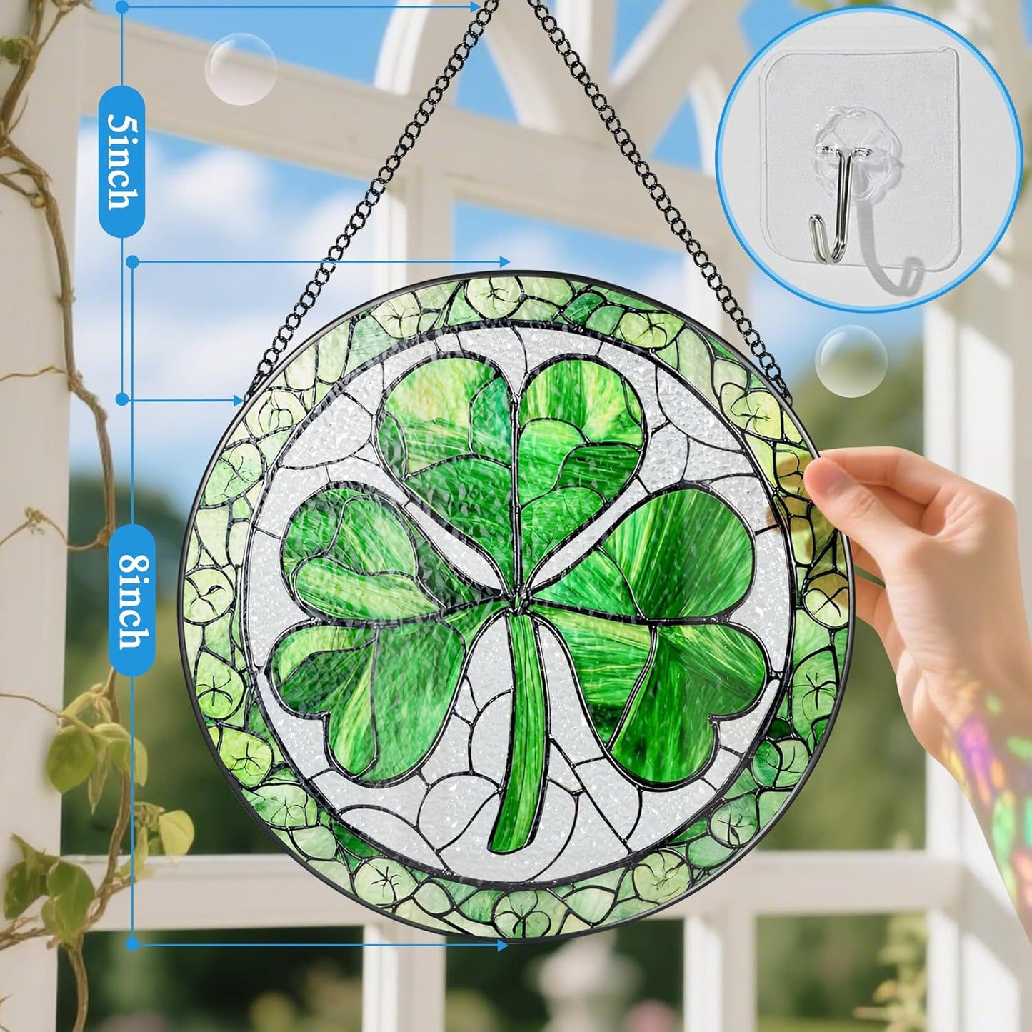 Stained Glass Window Hanging, 8 Inch Shamrock Stained Glass Suncatcher, Sun Catcher Decor, Window Hanging Decor, St. Patrick's Day Decoration, Shamrock Gifts, Irish Gift, Gifts for Women Men