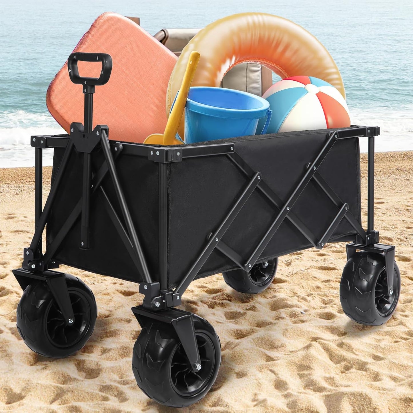 REDCAMP Collapsible Beach Wagon with 9" Big Wheels for Sand, 450lb Heavy Duty Foldable Beach Cart with All-Terrain Balloon Style Foam Wheels for Gravel, Sand, Camping, Groceries, Garden