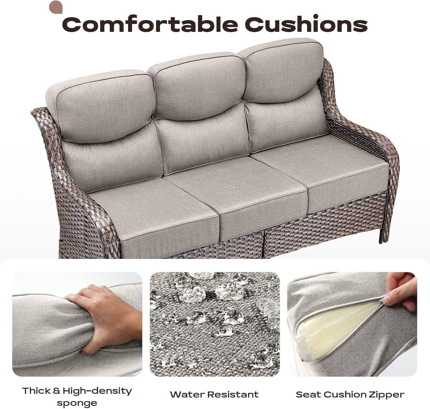 Wicker Outdoor Patio Furniture Set - 8 Piece Patio Conversation Sets with Swivel Rocker Chairs, Ottomans, Sofa and Table, 6 inch Cushions, Deep Seating, for Porch Deck Brown/Beige