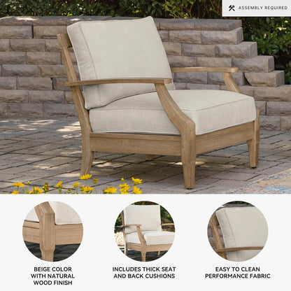 Signature Design by Ashley Carter Hall Outdoor Eucalyptus Patio Lounge Chair with Cushion, Beige