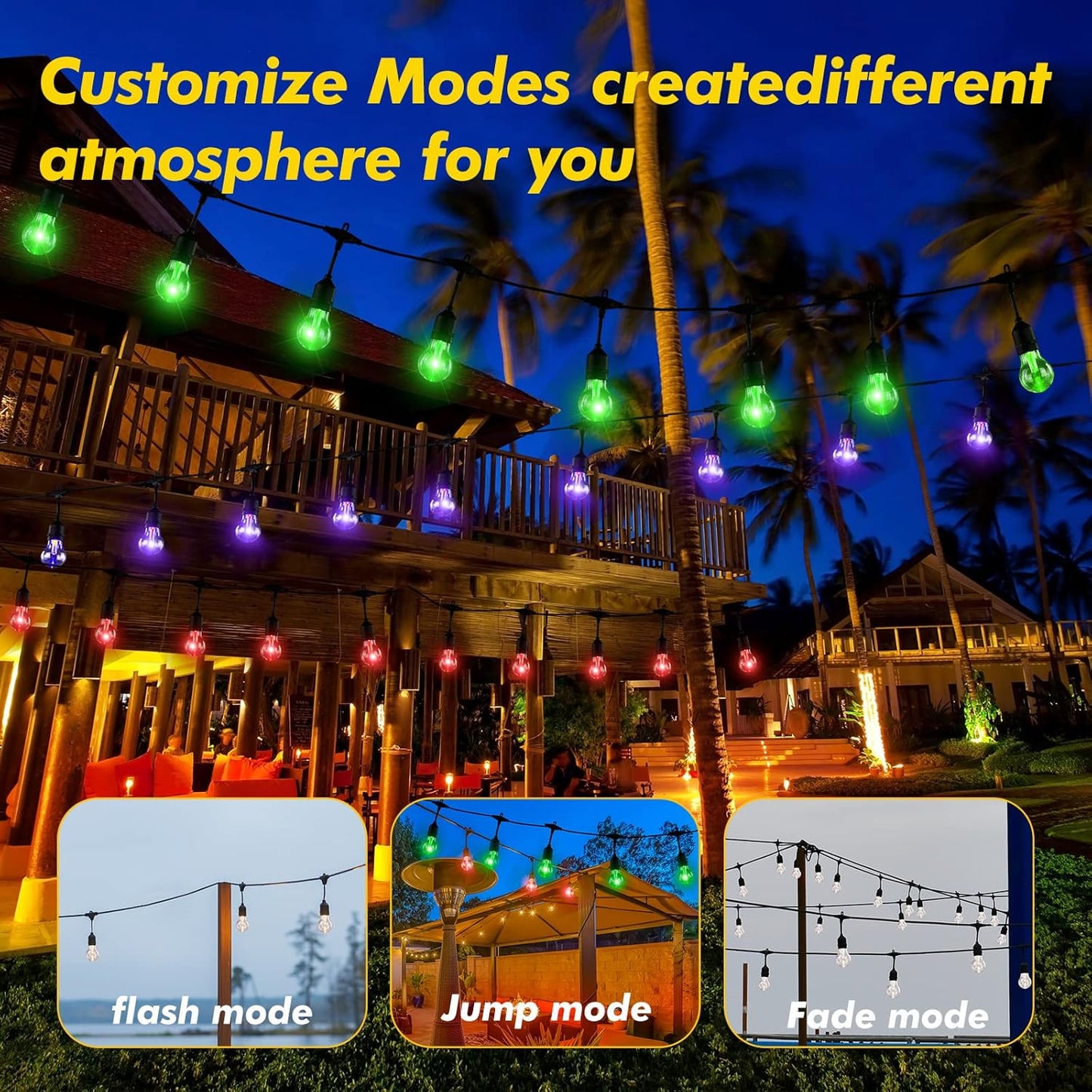 Auroraworld Outdoor String Lights RGB, 48FT Dimmable Patio String Lights with Shatterproof Edison Bulbs, Remote, Commercial Lights for Cafe, Patio, Yard, Party