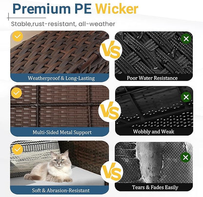 Wisteria Lane 7 Piece Patio Furniture Set, High Curved Back Wicker Outdoor Sectional with Dining Table, All Weather Wicker Outdoor Dining Set, Patio Conversation Set with Ottoman, Grey