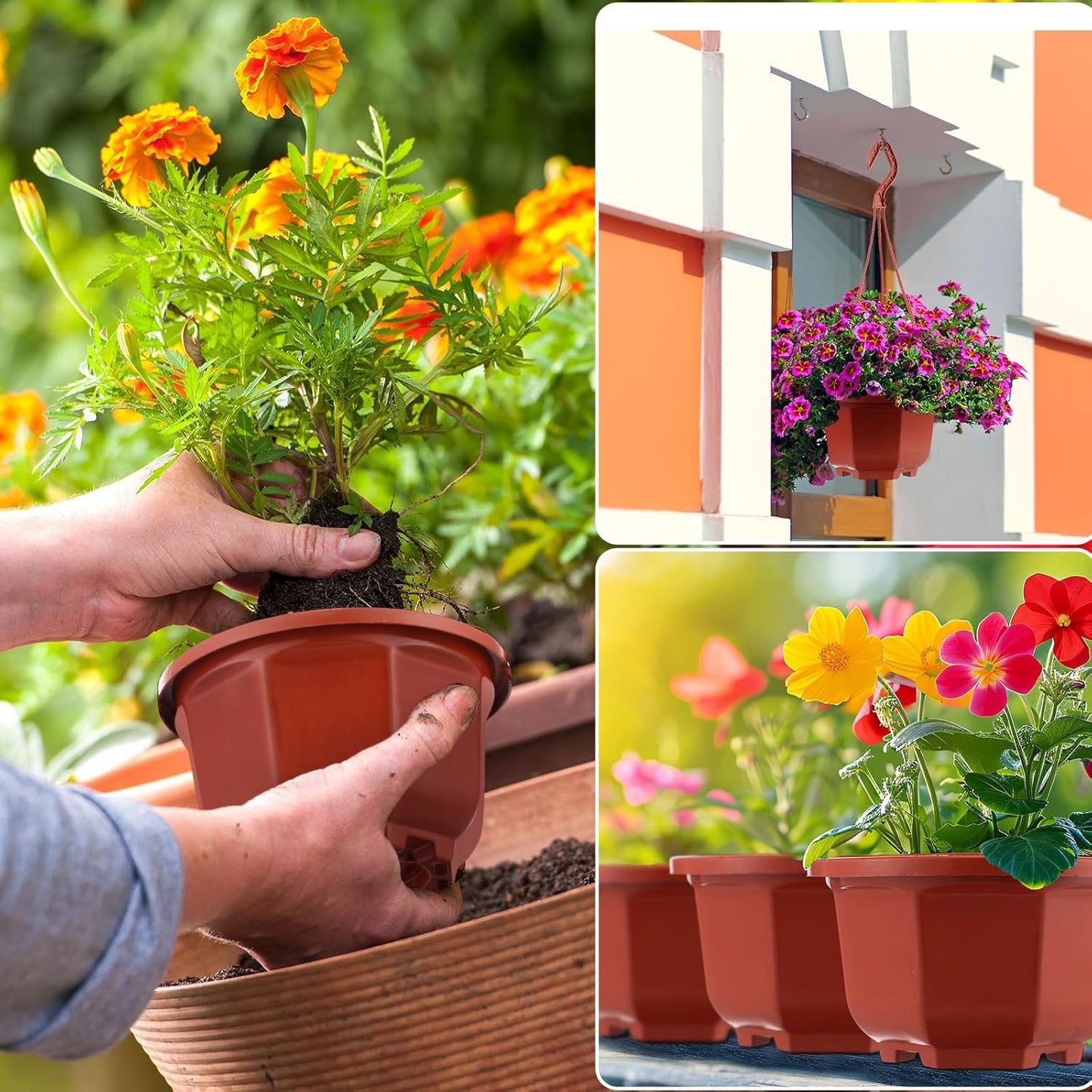 Roshtia 24 Pcs Hanging Plastic Planter Pot with Hook Flower Pots Baskets Hanging Nursery Planter Holder for Outdoor Indoor Plant Garden(Brown,5 Inch)