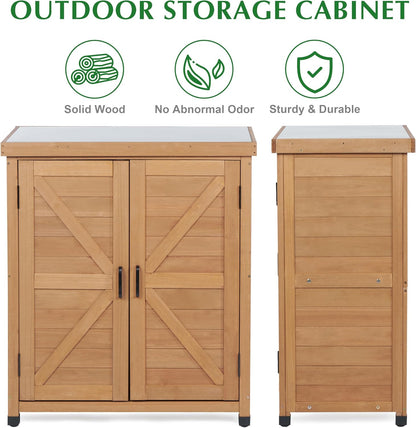 Outdoor Storage Cabinet & Potting Bench Table with Metal Top, Wooden Patio Furniture, Garden Workstation (Light Brwon, 36x31x17in)