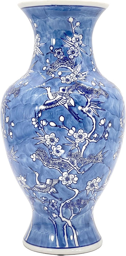 Galt International White & Blue Floral Crane Chinoiserie Ceramic Vase 14" - Hand Painted Antique Style Porcelain Bird & Flower Bottle Fishtail Porcelain Chinese Vase for Home Decor Centerpiece