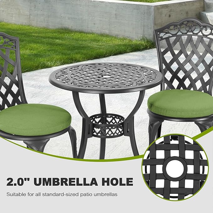 NUU GARDEN 3-Piece Outdoor Patio Bistro Set, Cast Aluminum Table and 2 Chairs with Green Cushions and Umbrella Hole, Weather-Resistant Bistro Set for Balcony, Porch, Garden, Black