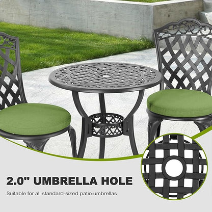 NUU GARDEN 3-Piece Outdoor Patio Bistro Set, Cast Aluminum Table and 2 Chairs with Green Cushions and Umbrella Hole, Weather-Resistant Bistro Set for Balcony, Porch, Garden, Black