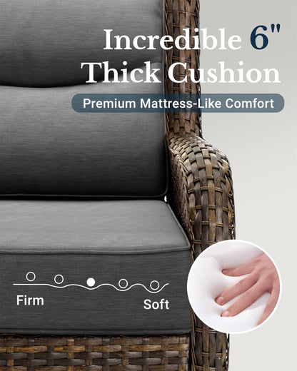 HILLGA Luxury Outdoor Swivel Rocker Patio Chairs of 2 with 6 Inch Thick Cushions and Side Table, Swivel Outdoor Chairs 3PCS High Back Wicker Patio Furniture Set for Porch, Balcony, Deck in Dark Grey