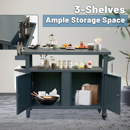 Grill Cart Outdoor with Storage Cabinet, Portable Rolling Patio Bar Cart with Wheels, BBQ Prep Table, Movable Stainless Steel Kitchen Island Dining Cart for Food/Drink/Cooking -Grey