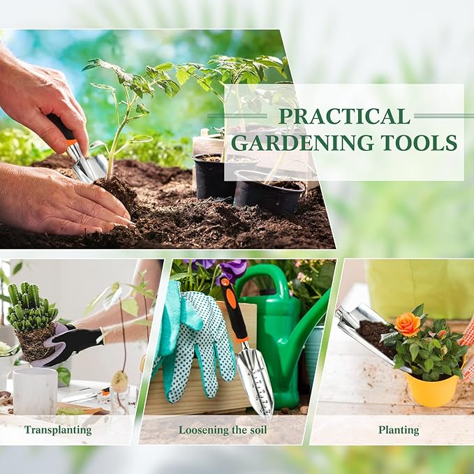 Honoson Garden Hand Trowel Transplant Trowel with Measurements Aluminum Alloy Planting Tools with Rubber Handle Small Gardening Hand Tools Shovels for Gardening Cultivating Transplanting Supplies