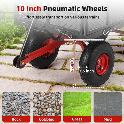 880 Lb 10 Inch Tire Steel Garden Cart with 4-Side Removable Mesh and 180° Swivel Handle, Garden Wagon Cart Heavy Duty, Heavy-Duty Patio Dump Cart Utility Wagon, for Lawn, Patio