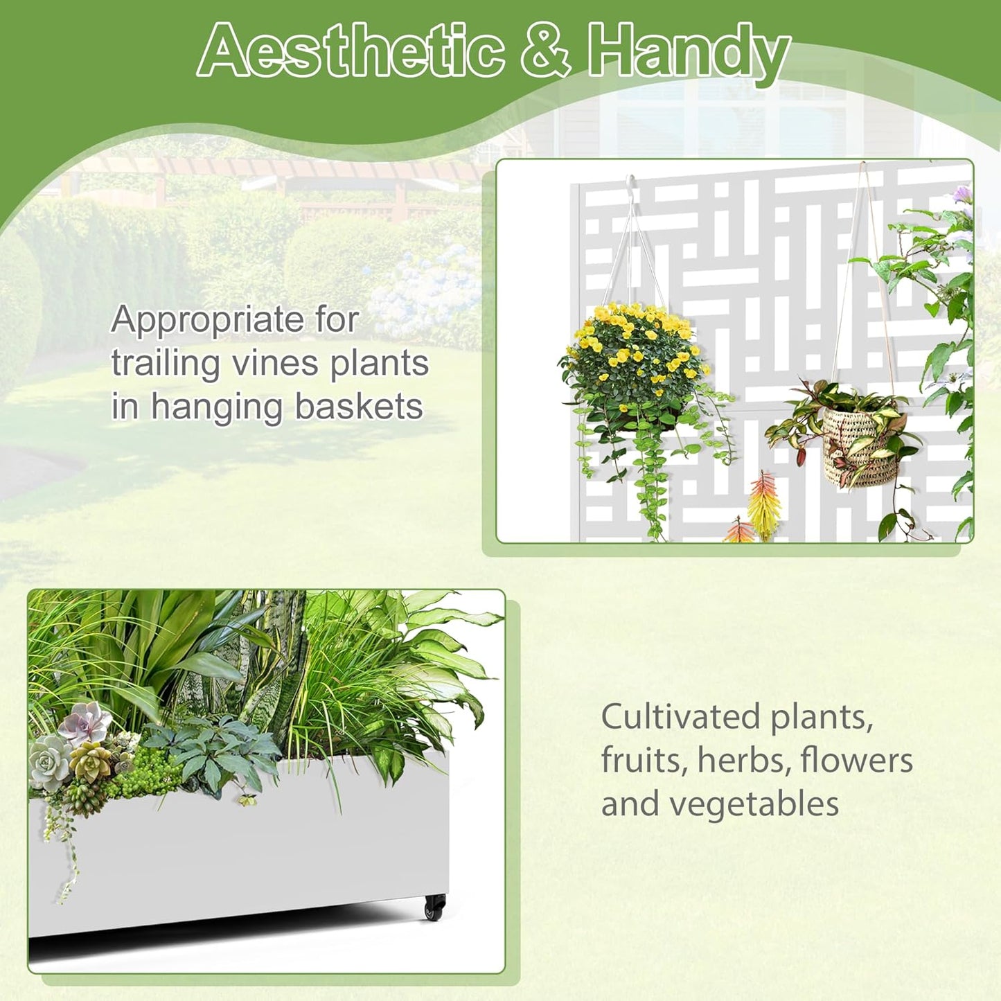 Raised Garden Bed with Trellis and Wheels,73"x47"x16" Metal Raised Garden Bed,White Modern Metal Planter with Climbing Trellis for Vines & Vegetables