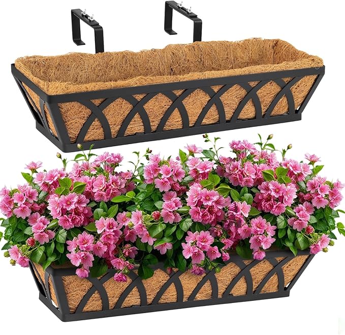 2 Pack 36IN Window Box Railing with Adjustable Brackets, Hanging Flower Planter Basket with Coco Liner for Outdoor Balcony Porch Fence Patio (Black)