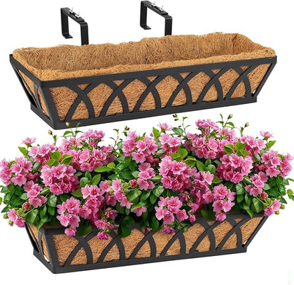 2 Pack 36IN Window Box Railing with Adjustable Brackets, Hanging Flower Planter Basket with Coco Liner for Outdoor Balcony Porch Fence Patio (Black)