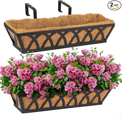 2 Pack 32IN Window Box Railing with Adjustable Brackets, Hanging Flower Planter Basket with Coco Liner for Outdoor Balcony Porch Fence Patio (Black)