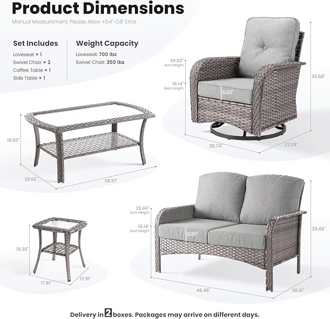 ovios 5 Pieces Patio Furniture Set, Outdoor Wicker Sofa with Swivel Chairs, Coffee Table, All Weather High Back Rattan Loveseat Couch with Comfy Cushions, Dark Grey