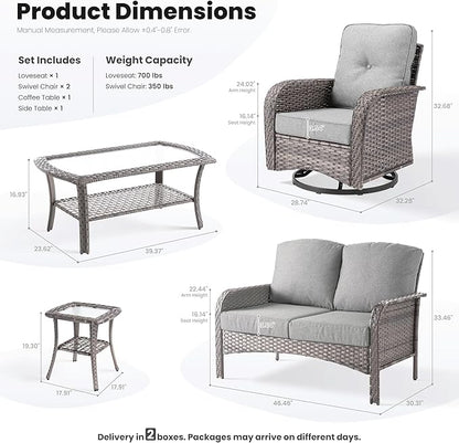 ovios 5 Pieces Patio Furniture Set, Outdoor Wicker Sofa with Swivel Chairs, Coffee Table, All Weather High Back Rattan Loveseat Couch with Comfy Cushions, Dark Grey