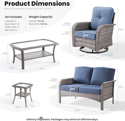 ovios 5 Pieces Patio Furniture Set, Outdoor Wicker Sofa with Swivel Chairs, Coffee Table, All Weather High Back Rattan Loveseat Couch with Comfy Cushions, Denim Blue