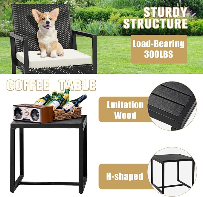 WWR 3 Pieces Outdoor Patio Furniture Set Rocking Wicker Rattan Chair Set Patio Bistro Conversation Set 3 Pcs with Coffee Table for Yard & Bistro (Sand)