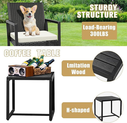 WWR 3 Pieces Outdoor Patio Furniture Set Rocking Wicker Rattan Chair Set Patio Bistro Conversation Set 3 Pcs with Coffee Table for Yard & Bistro (Sand)