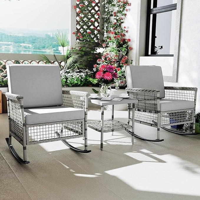 DECMICO 3-Piece Wicker Rocking Chair Set, Patio Bistro Furniture with Cushions & Side Table, Rattan Outdoor Conversation Bistro Set for Outdoor Use, Grey